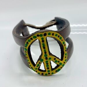 Mexican Artisan Handmade Hand Painted Brown Peace Sign Leather Cuff Braclet